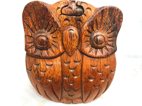 Horned Owl Box Secret Puzzle Stash box Hand Carved Wood