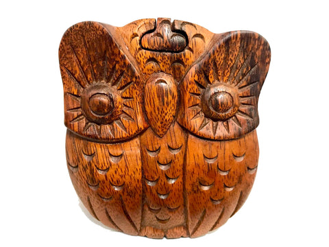 Horned Owl Box Secret Puzzle Stash box Hand Carved Wood - Acadia World Traders