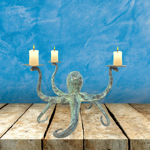  Octopus Cephalopod Sealife tentacles Candelabra Statue Candle Holder nautical decor Verdigris Bronze Indonesian art